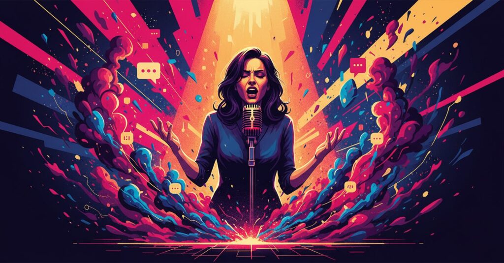 毬谷友子の放送禁止発言やSNS炎上に関する記事のアイキャッチ画像。彼女の個性的な言動が世間の注目を集める様子を象徴しています。