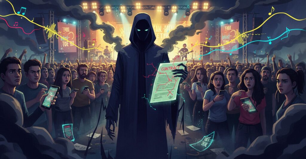 音楽フェスでの偽契約トラブルによりアイドルグループの出演が中止された状況を示すイメージ