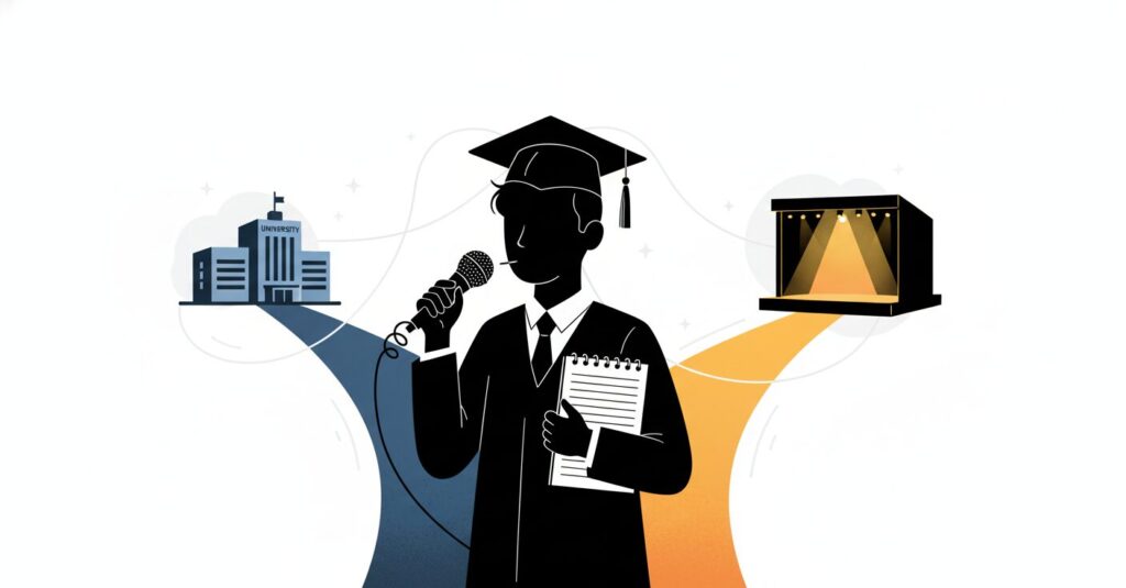 ロングコートダディ堂前透のポートレート。進学校出身の知性と、イラストや大喜利といった多方面で活躍する彼の多才な「天才」ぶりを表現したイメージ。