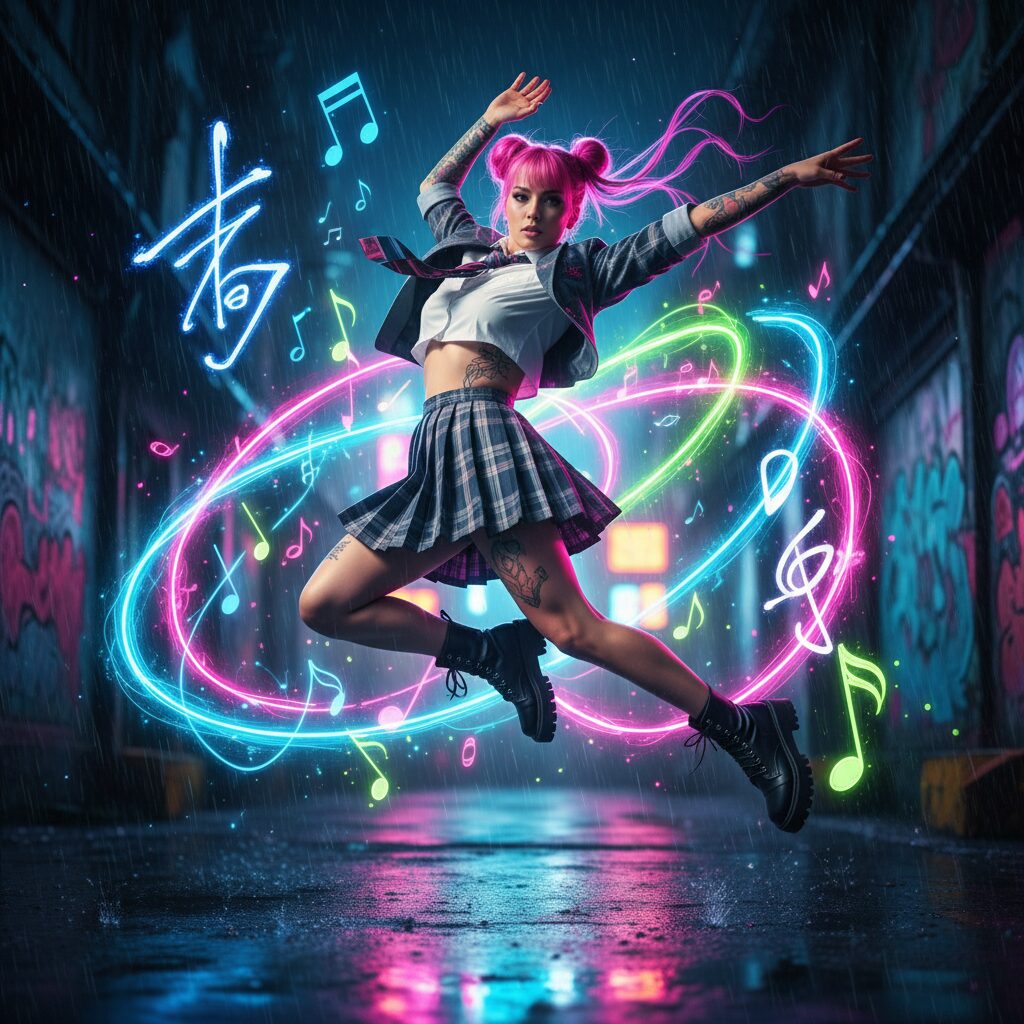 新しい学校のリーダーズのRIN（長澤 凛）がステージで力強くパフォーマンスしている姿。個性的なファッションと表情が印象的。
