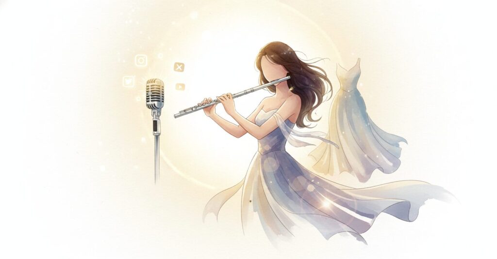 多岐にわたる分野で活躍するCocomi氏。フルート奏者、モデル、声優としての顔を持つ彼女のポートレート。