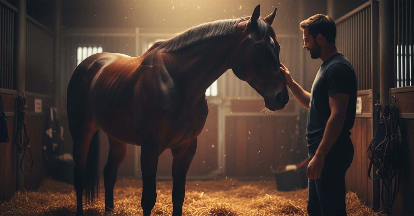 TBSドラマ「ザ・ロイヤルファミリー」のキービジュアル。競馬場で馬と俳優が心を通わせる感動的な瞬間を描写。