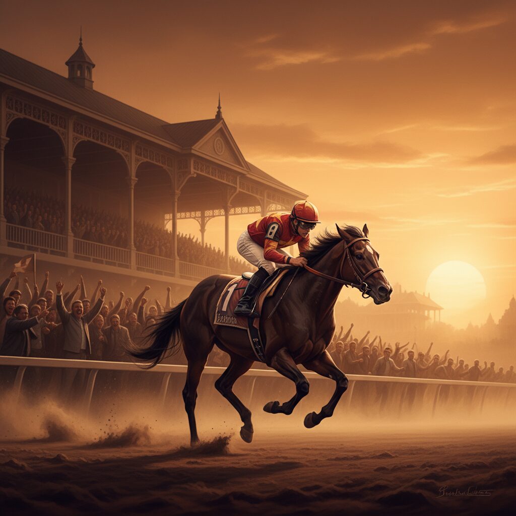 夕日に照らされた競馬場で、疾走する競走馬と騎手の感動的な瞬間