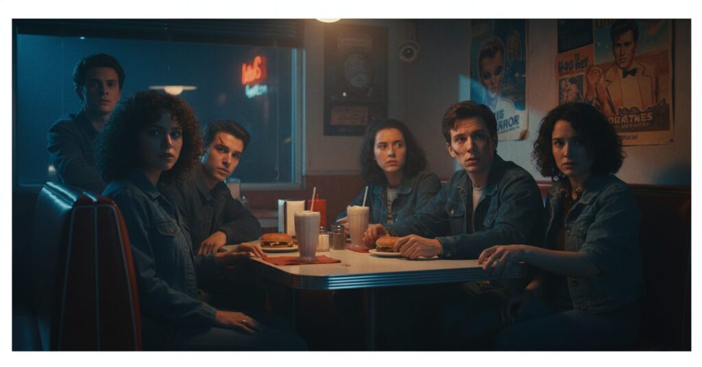 バーガーショップ「シナントロープ」で会話する若者たち。ドラマのミステリアスな雰囲気を表現。