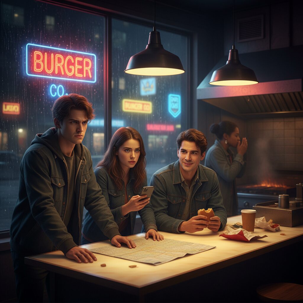 夜のバーガーショップで不安げな表情の若者たちが集まるミステリアスな雰囲気のイラスト
