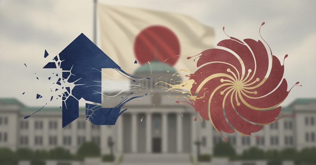 自民党と公明党の連立政権が解消し、離れていく様子を象徴的に描いたイラスト