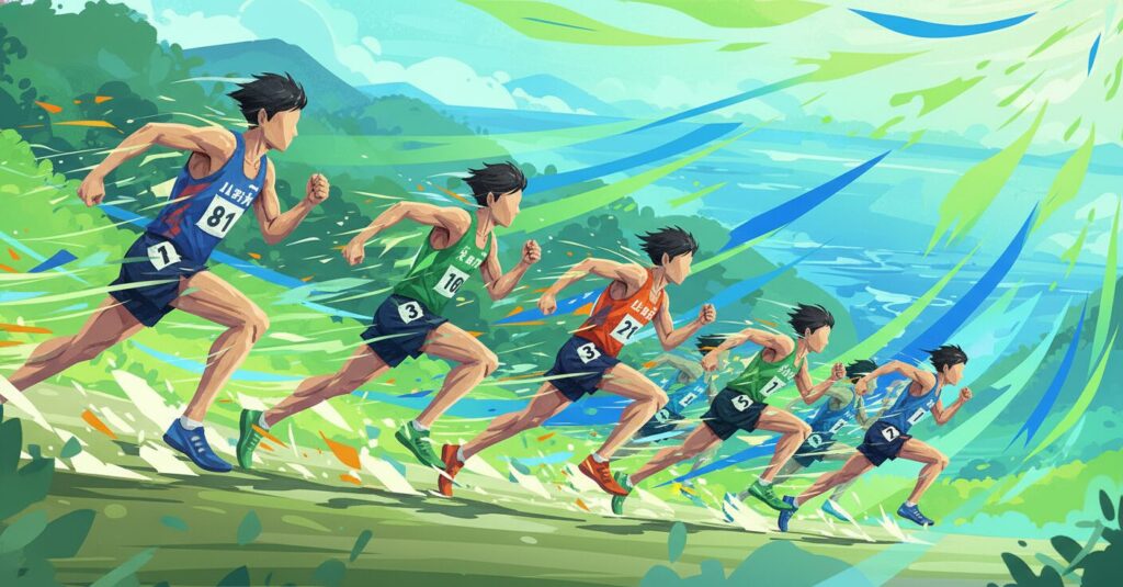 大学駅伝選手が力走する躍動感あふれる風景。