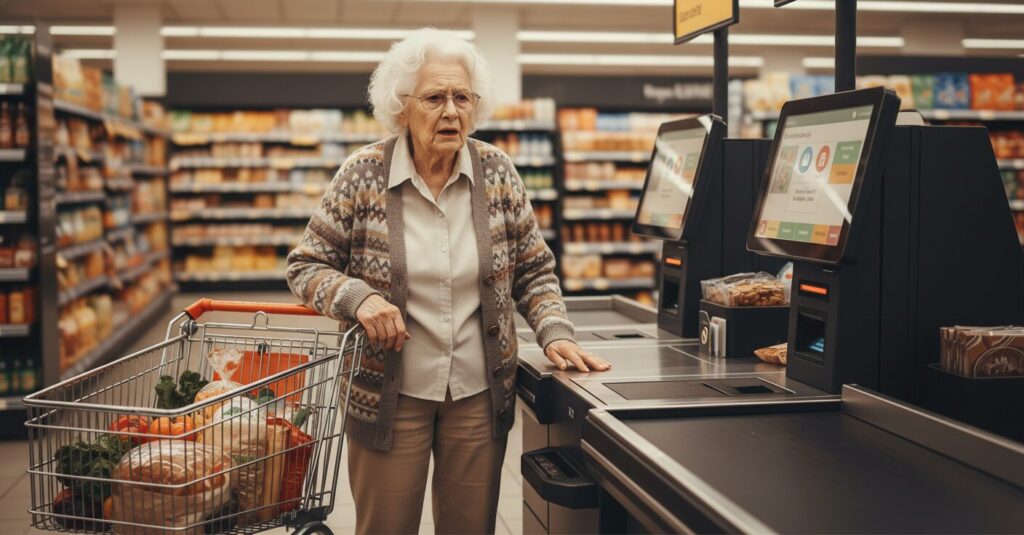 スーパーのセルフレジの前で操作に困っている高齢者の姿