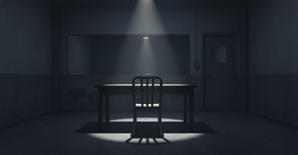 『緊急取調室』の舞台となる取調室のイメージ。緊迫した雰囲気の中で心理戦が繰り広げられる様子を表す。