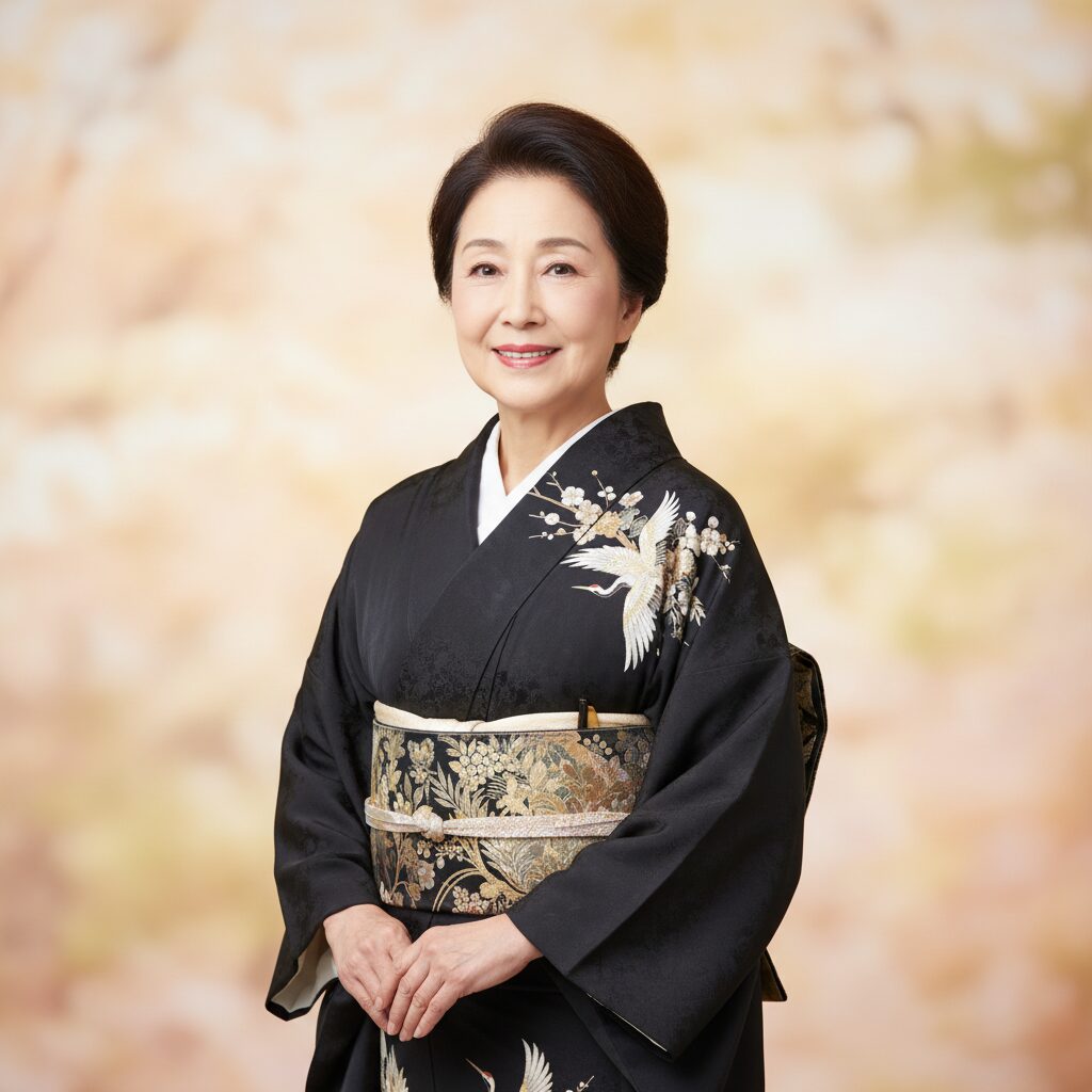 90歳を目前にした浜木綿子さんの肖像画。若々しく凛とした表情で、優雅な着物またはドレスを身につけ、長年の経験と知恵を感じさせる。