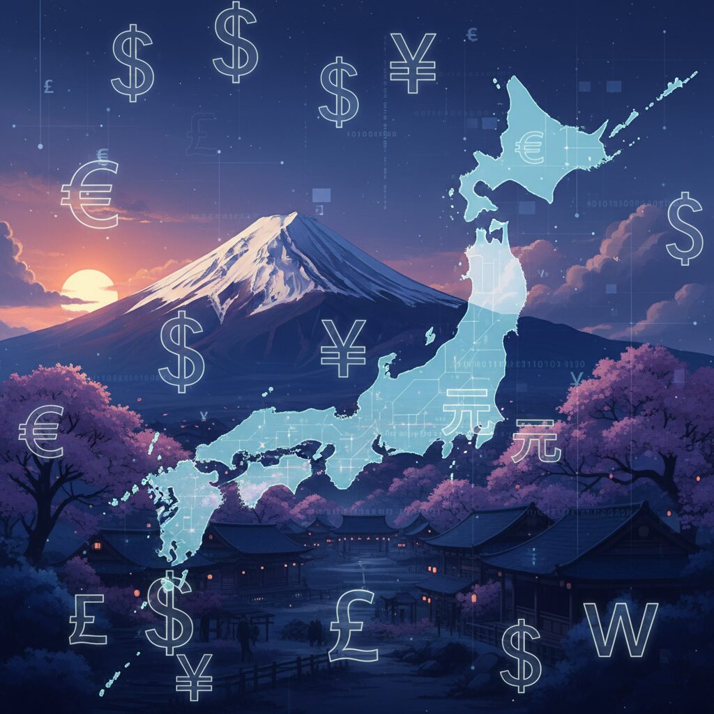 日本の美しい自然と都市、その上に外国通貨のシンボルが重なり、土地購入の国際的な側面と経済・安全保障上の懸念を表現した画像。