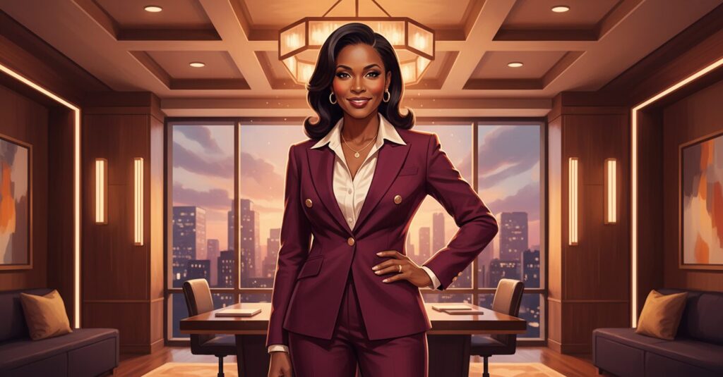 天海祐希さんの年収に関する記事のアイキャッチ画像：自信に満ちた笑顔の女性がスポットライトを浴びている様子