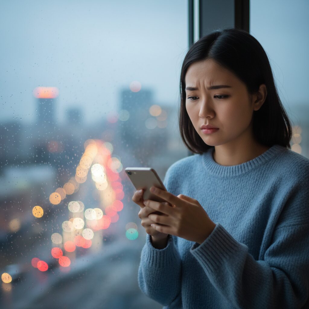 スマートフォンを見つめる若い女性の横顔。都市の夜景を背景に、パパ活に潜む危険性と依存性を暗示するような表情。
