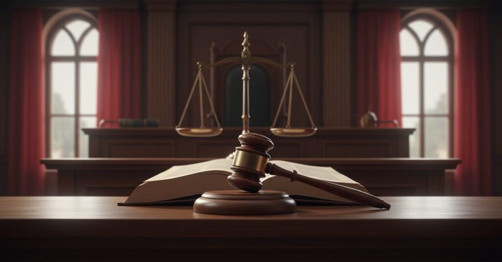 法廷で重厚な雰囲気の中、判事の木槌と法律書が置かれ、正義の天秤が描かれているアイキャッチ画像