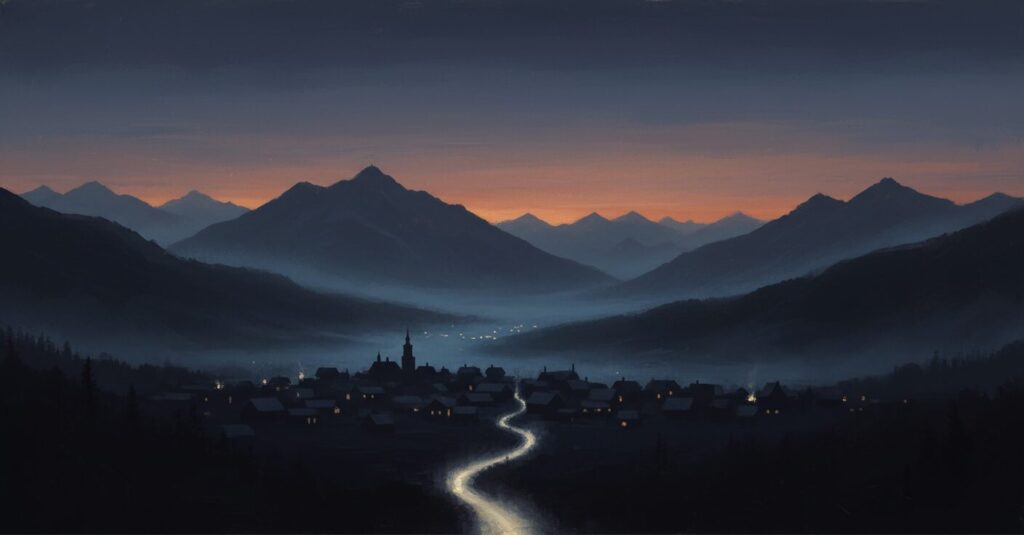 夕暮れの中野市、遠景の山々と静かな道に差す光景。