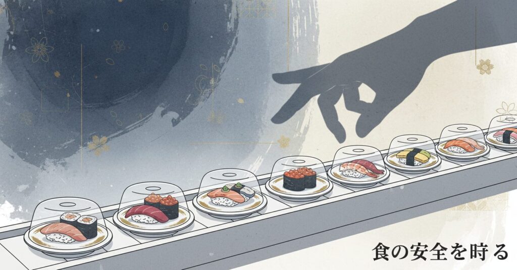 くら寿司のレーンに流れる寿司に手が伸びるシルエットのイラスト。