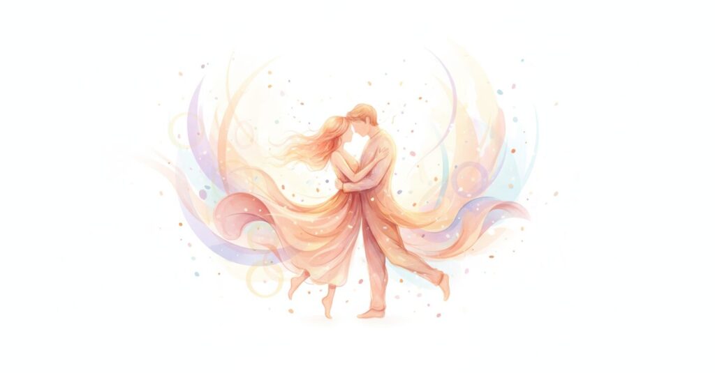 温かい光に包まれた抽象的なカップルのイメージ。村上信五さんの結婚の喜びと幸せな未来を象徴。