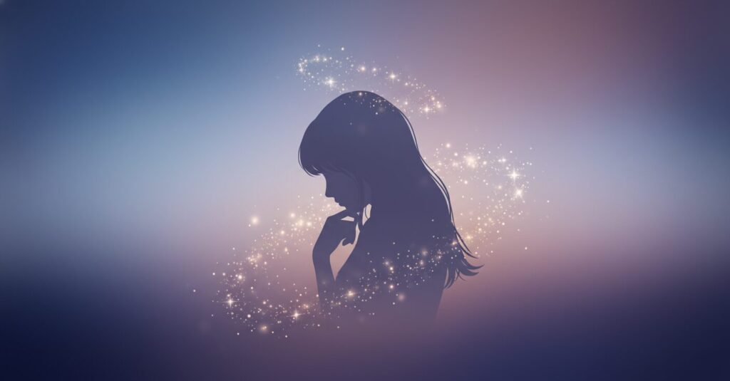 考える女性アイドルの抽象的なイラスト。ME:I SHIZUKUの活動休止とファンの複雑な心情を表現。