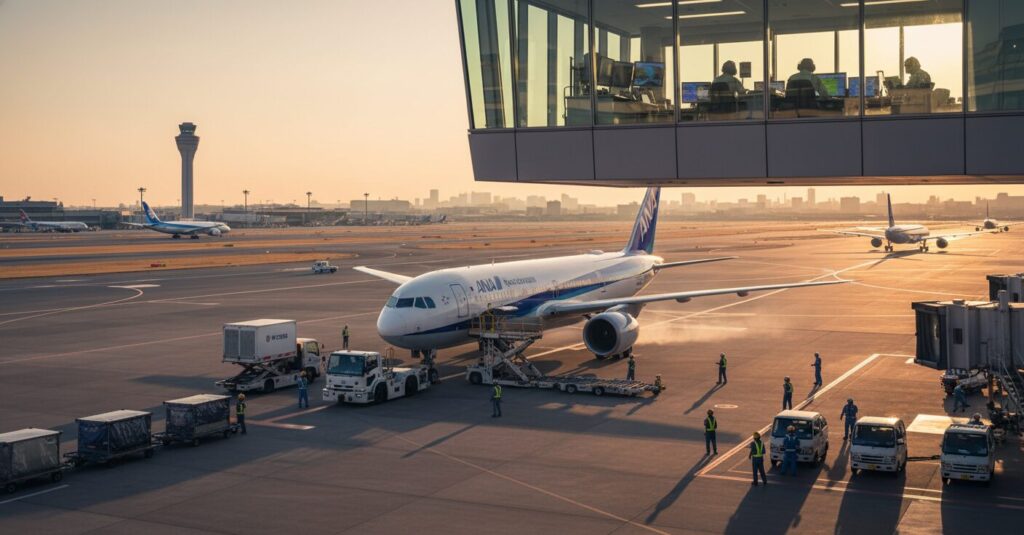 100カメ羽田空港ドキュメンタリーで紹介されたANAの空港スタッフが航空機を整備・誘導する様子