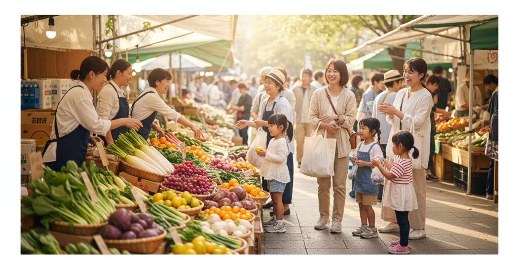 新鮮な国産野菜や果物が並ぶJA直売所の賑やかな風景