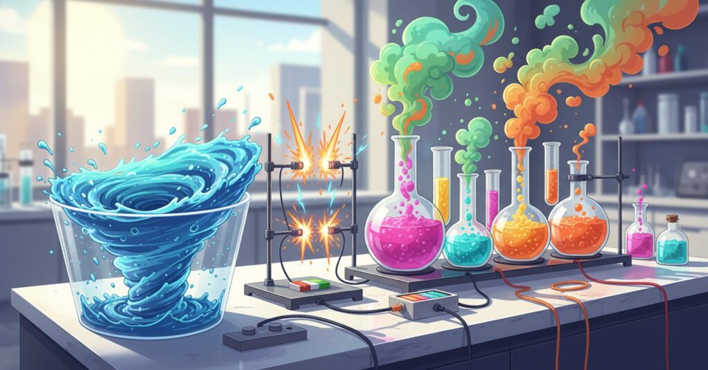 でんじろう先生の科学実験をイメージした、鮮やかでダイナミックなイラスト