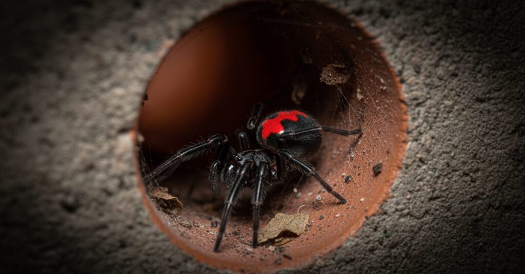 セアカゴケグモのメスと特徴的な赤い砂時計模様、生息場所のイメージ。