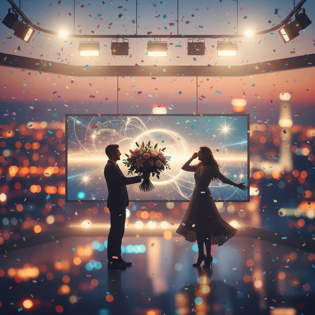 テレビ番組のスタジオで祝福されるジョナサン・シガーの結婚発表をイメージした画像。紙吹雪が舞い、花束が贈られる様子が描かれている。