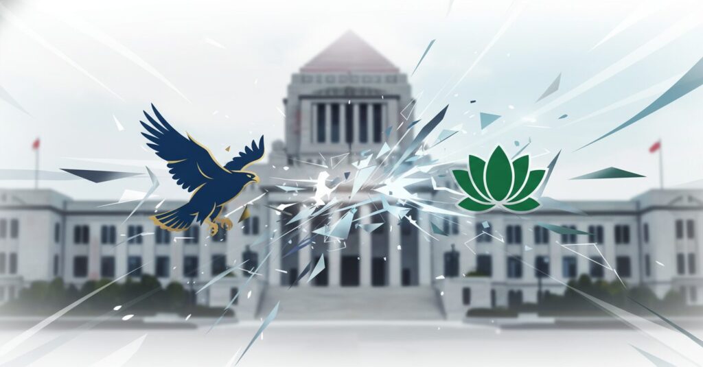 自民党と公明党の連立解消を象徴するイメージ。2つの政党のロゴが離れていく様子が描かれ、背景には国会議事堂がぼやけて見える。