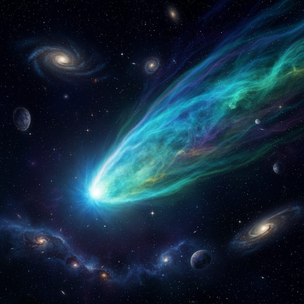 2025年秋に観測されるレモン彗星（C/2025 A6）の幻想的な青緑色の姿と長く伸びる尾。無数の星が輝く暗い夜空に浮かび上がる彗星の画像。