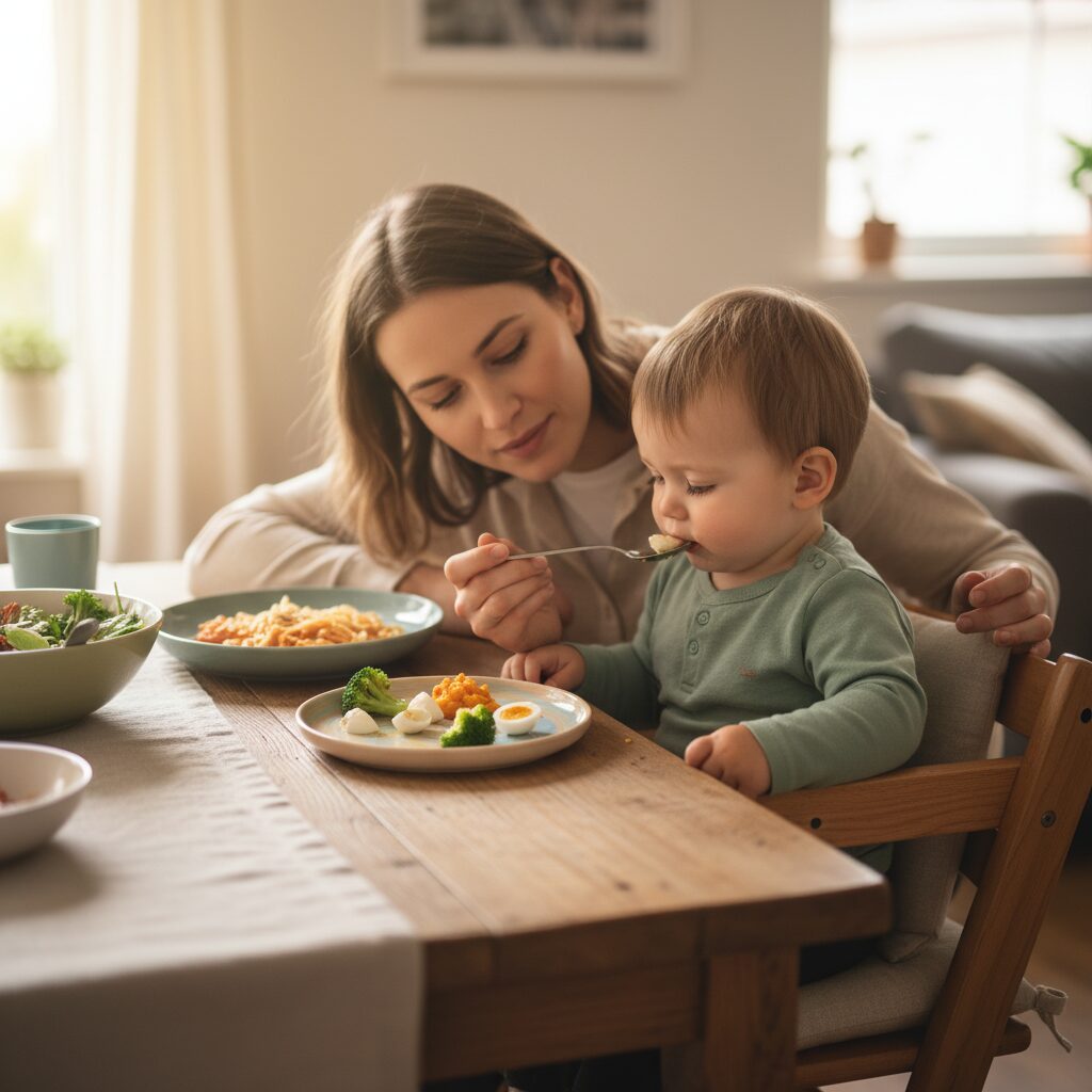 食卓で親が子供に食事の仕方を優しく教える風景。うずらの卵が小さく切られて皿に盛られている。