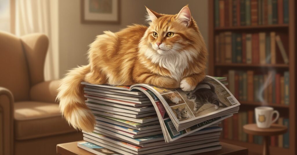 さまざまな猫雑誌が積まれた上に座るふわふわの猫
