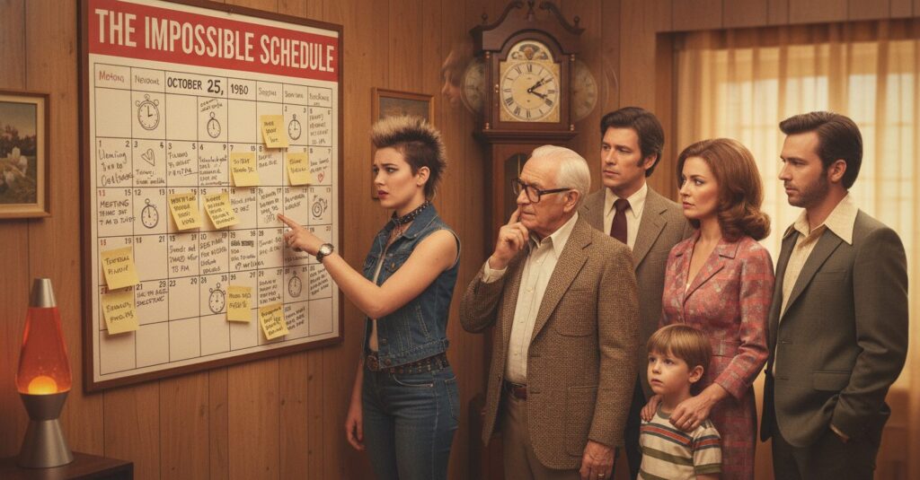 「ケツカッチン」という言葉の意味を理解しようとする若者と、懐かしむ年配者のイラスト。