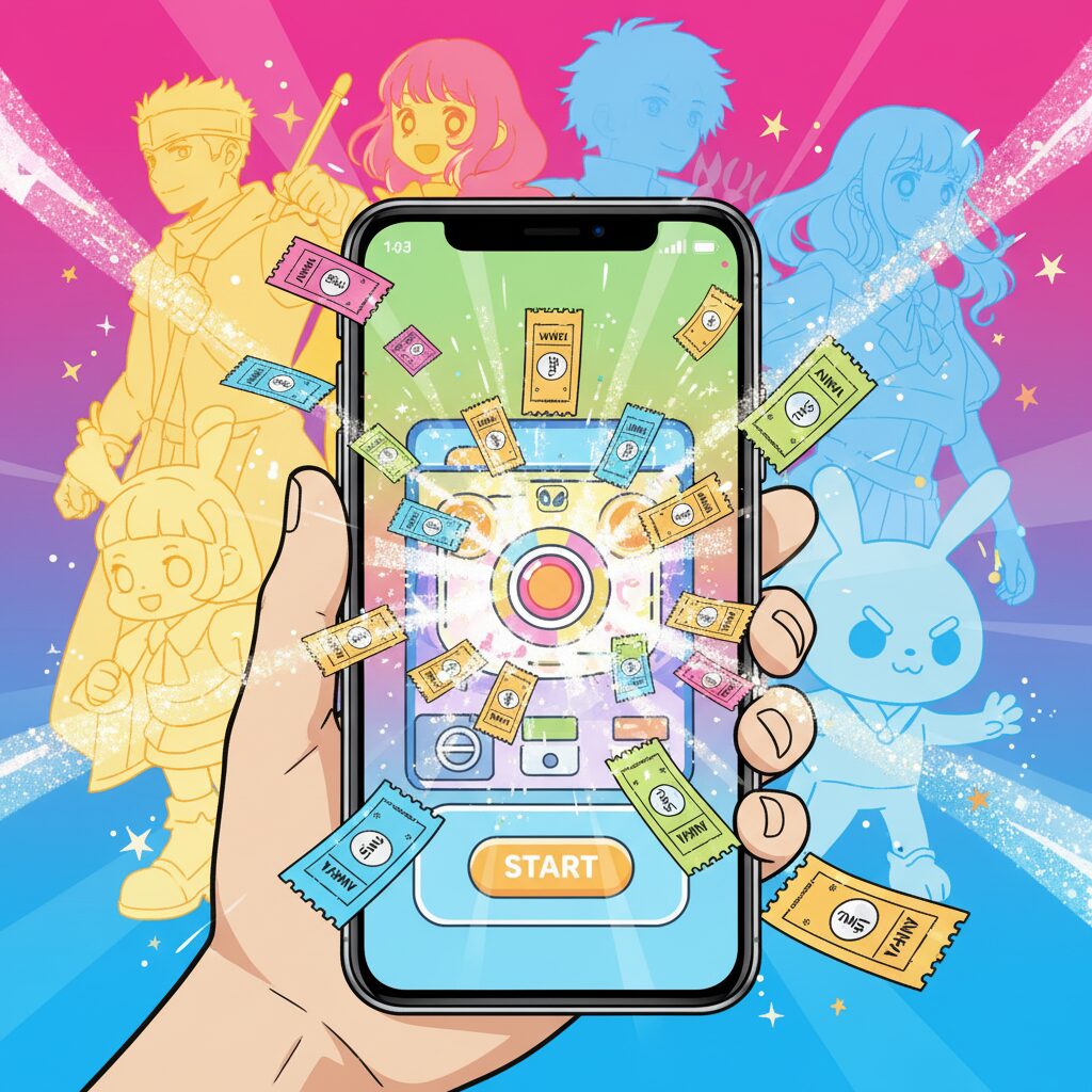 スマートフォン画面にLINEマンガのガチャチケットが舞い、ガチャが引かれる様子を描いたイラスト