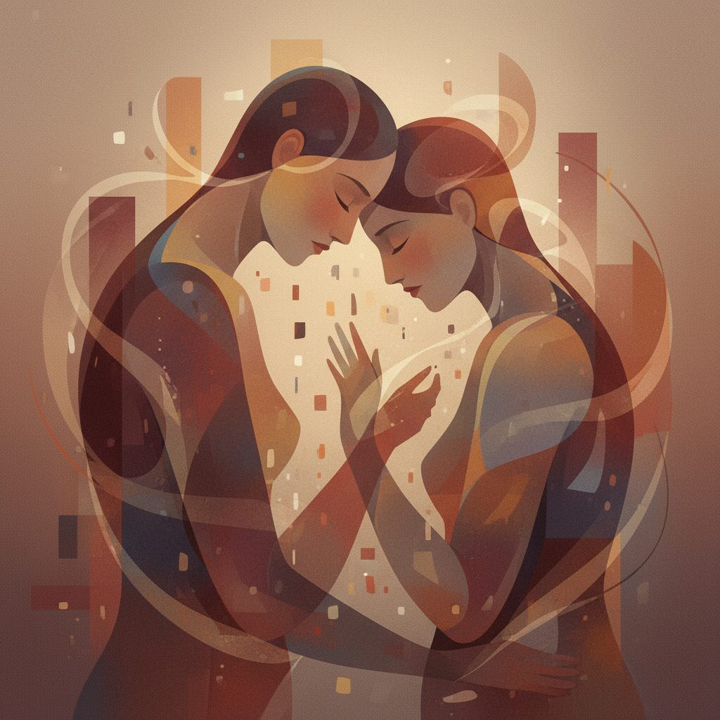 幻想的な雰囲気で男女の影が向かい合う抽象的なイラスト