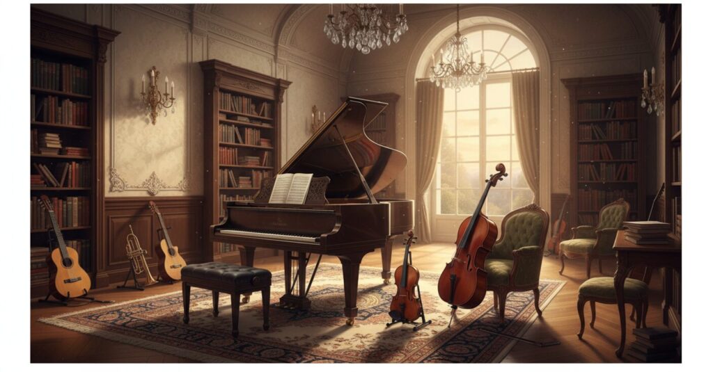 常田大希さんの実家の豊かな音楽環境を示す、防音室と複数の楽器が置かれた豪華な部屋