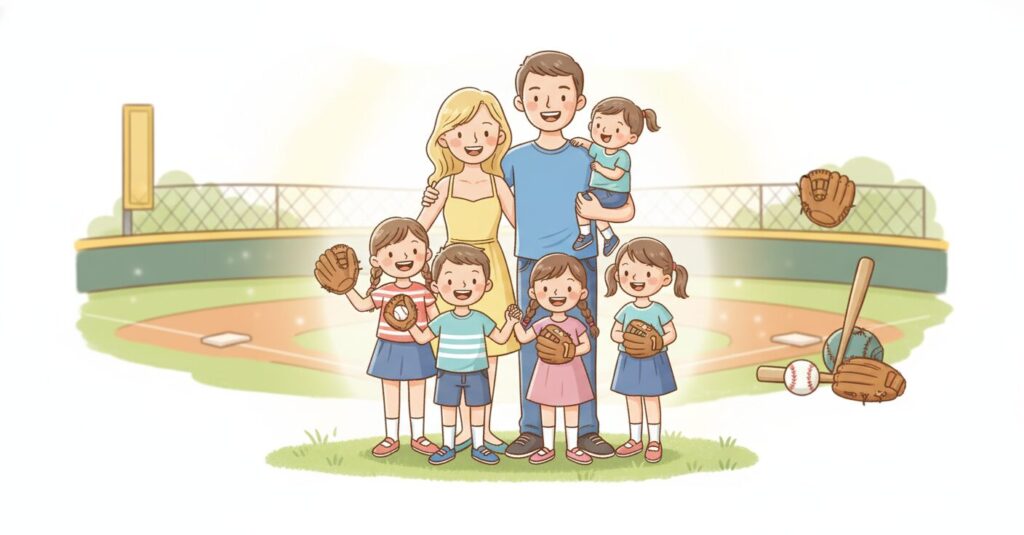 鳥谷敬氏の妻・裕子さんと5人の子供たちの温かい家族イラスト