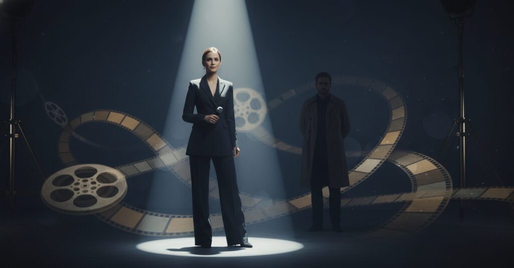 女優がスポットライトを浴び、その後ろにぼんやりとした影の人物が立つイメージ画像。