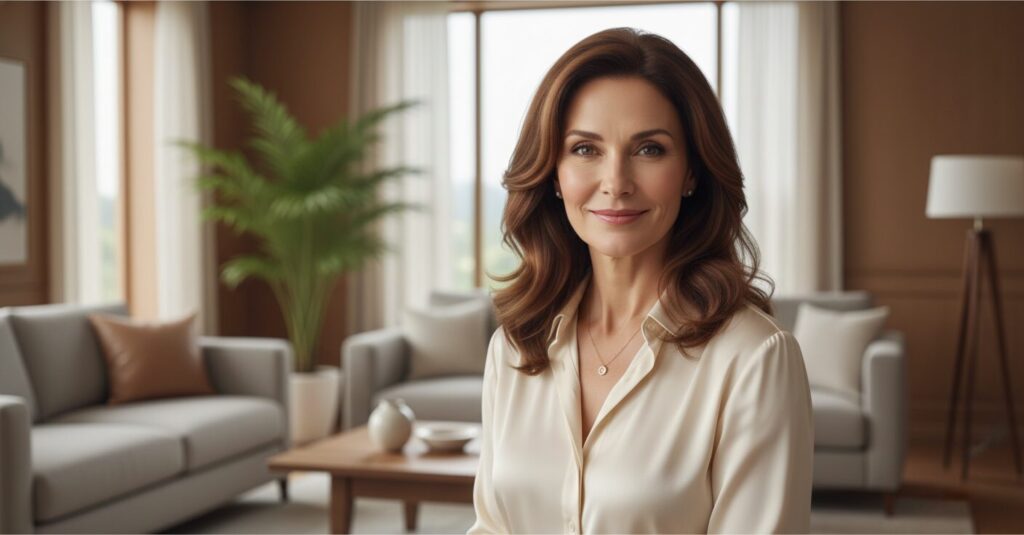 沢村一樹さんの妻、元モデルの余西操さんが優雅に微笑むポートレート。