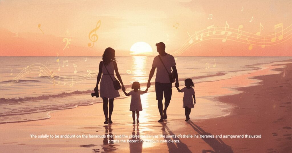 平井大さんと妻アイシャさん、2人のお子さんの幸せな家族の絆を感じさせる夕暮れのビーチのイラスト。