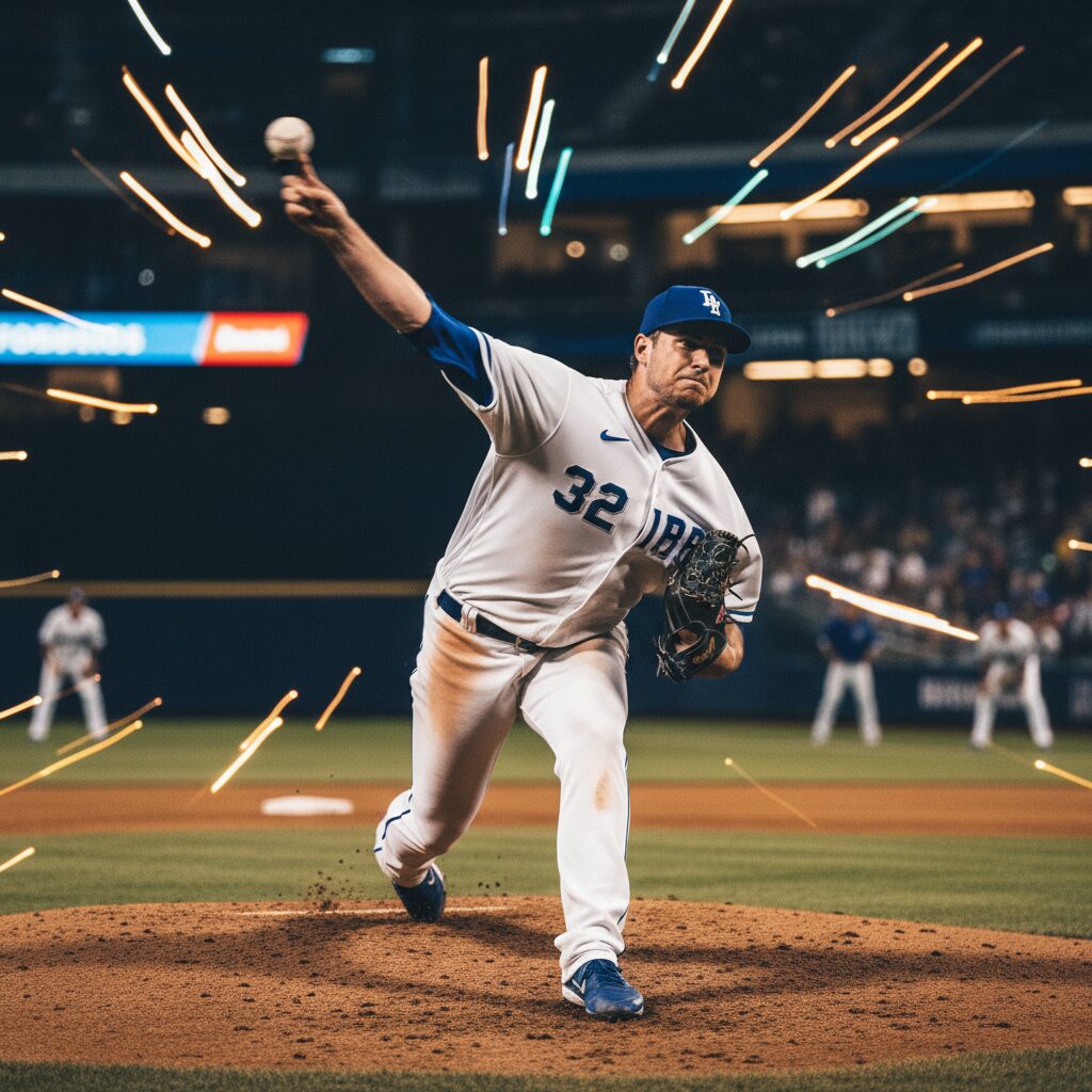 野球の試合で投球中のピッチャー。勝利投手の権利をかけた緊迫した瞬間。
