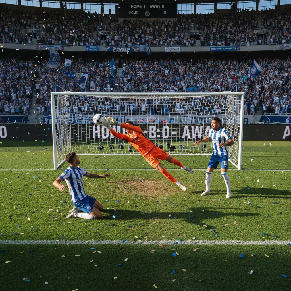 サッカーの試合でゴールキーパーがシュートを防ぎ、無失点を達成した瞬間を捉えた画像。ディフェンダーも連携して守備を固めている。