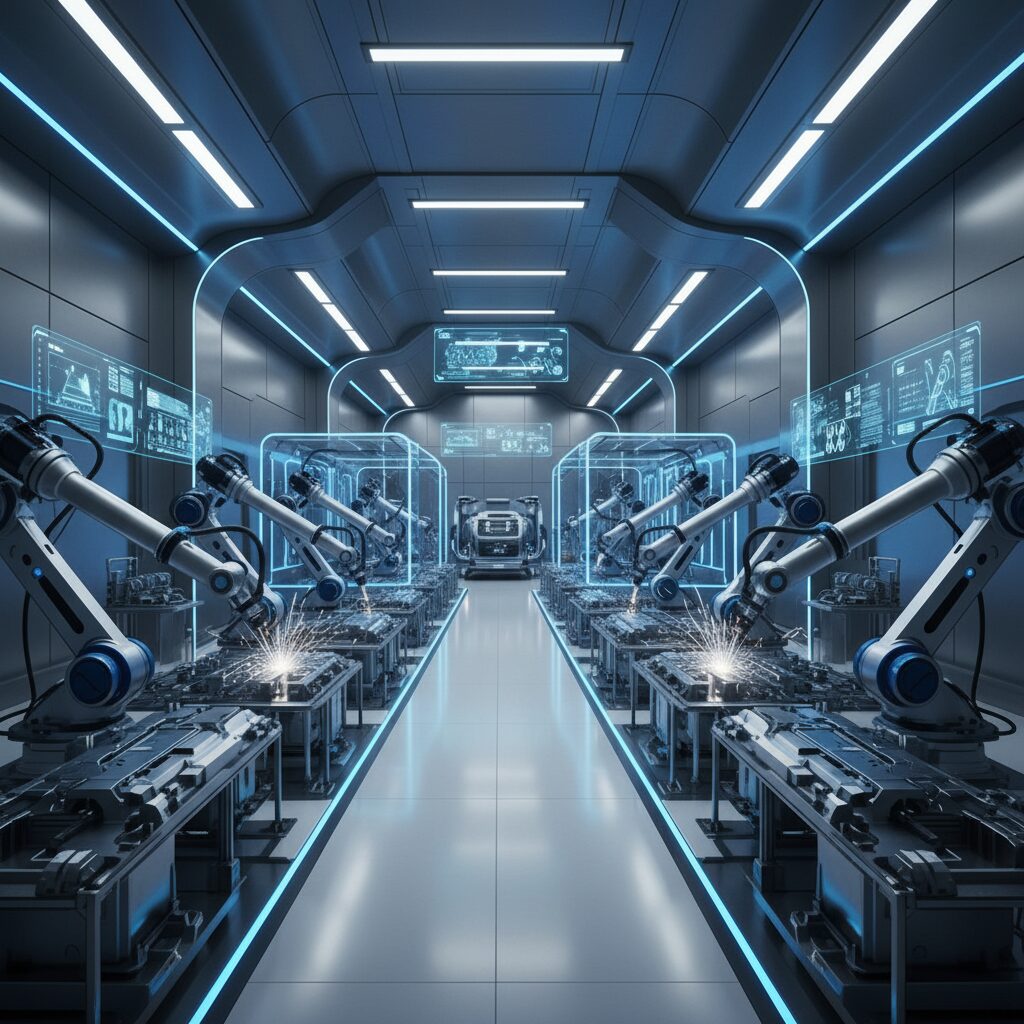 グーリングのロゴと最新の切削工具が並ぶ、クリーンで先進的な製造工場のイメージ