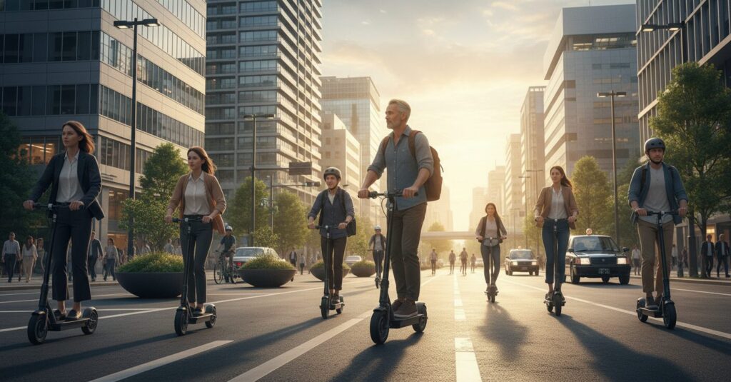 埼玉県で電動キックボードを利用する人々が街中を走行している様子