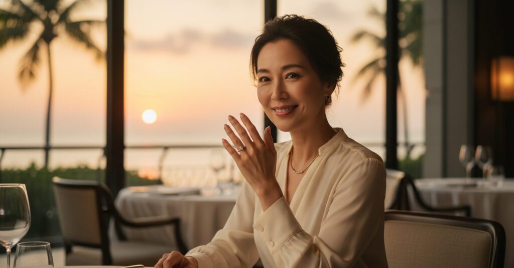 長谷川京子さんが年下レストランオーナーと交際する様子を描いた、自信に満ちた女性のイメージ