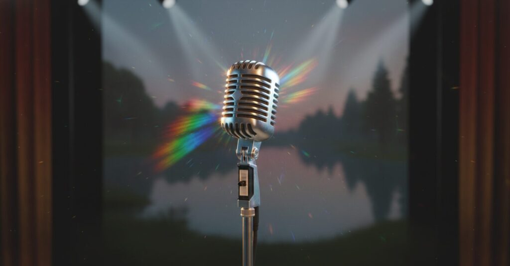 中村晃子の代表曲「虹色の湖」をイメージした、輝くマイクと湖面のような色彩のアイキャッチ画像