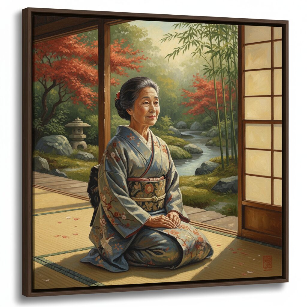 穏やかな表情で庭を眺める中村晃子さんをイメージしたポートレート