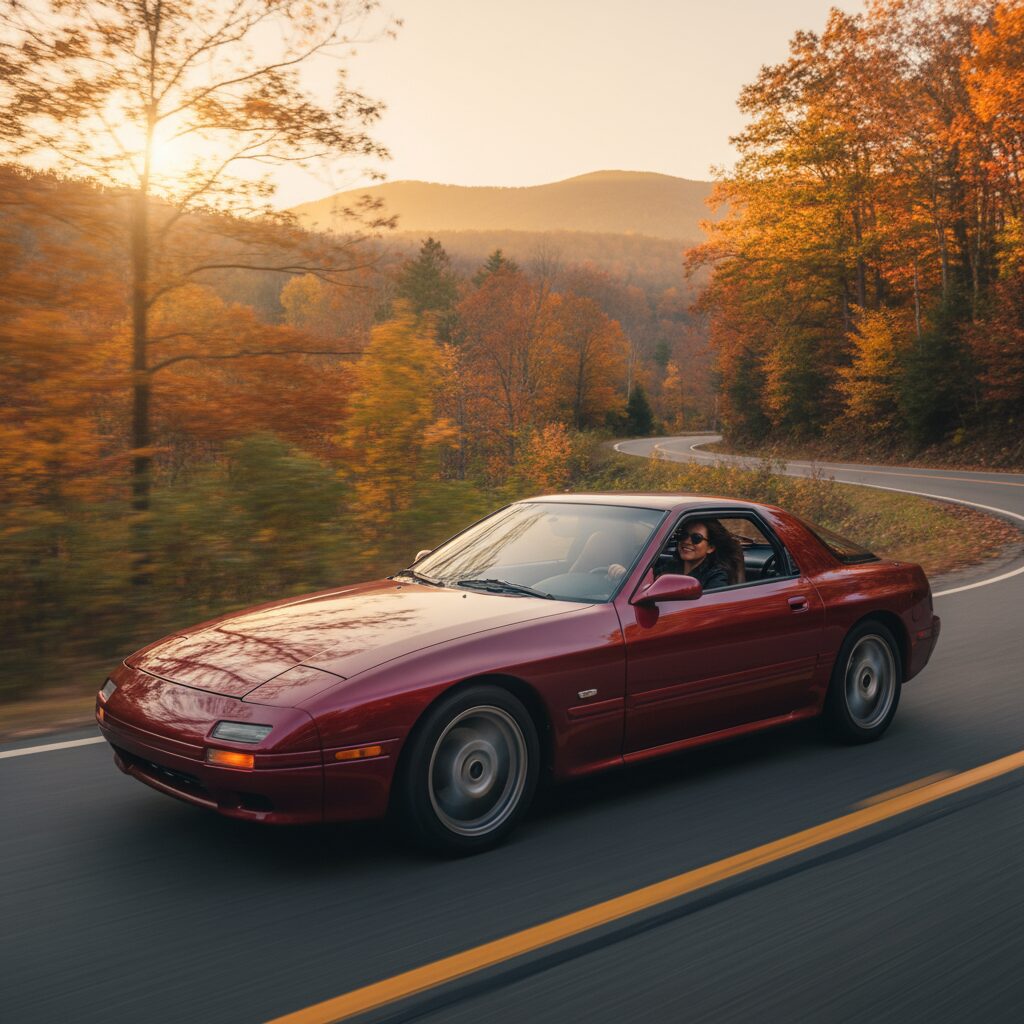 ヴィンテージレッドのマツダRX-7（FD3S型）を運転する有働由美子さんのイメージ。自由と独立を象徴するスポーツカーの姿。