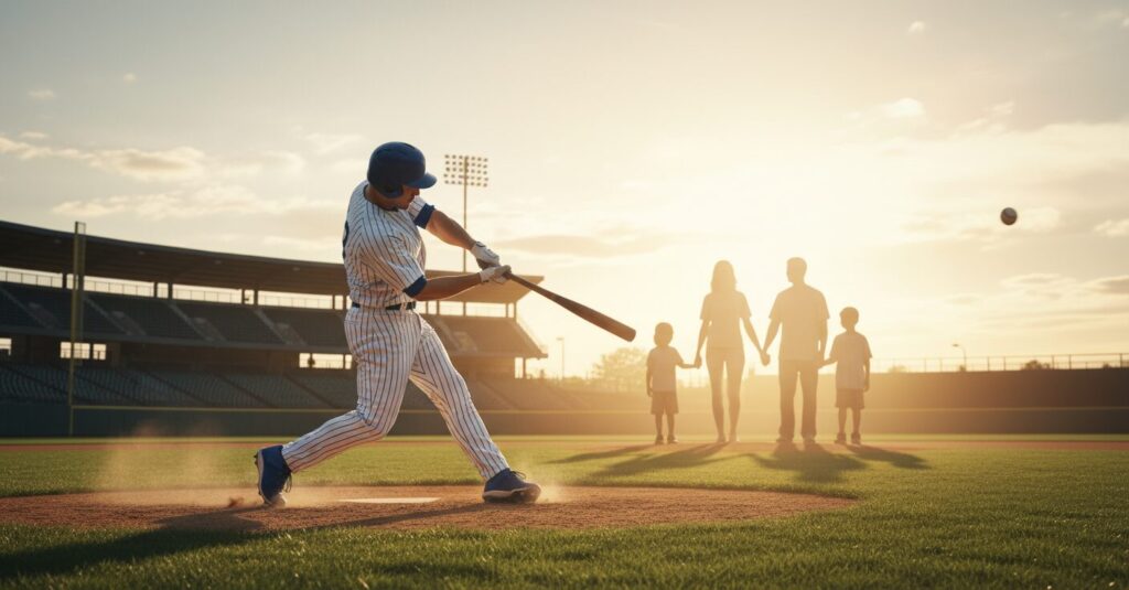 野球選手がフィールドに立ち、家族の温かいシルエットが背景にあるアイキャッチ画像