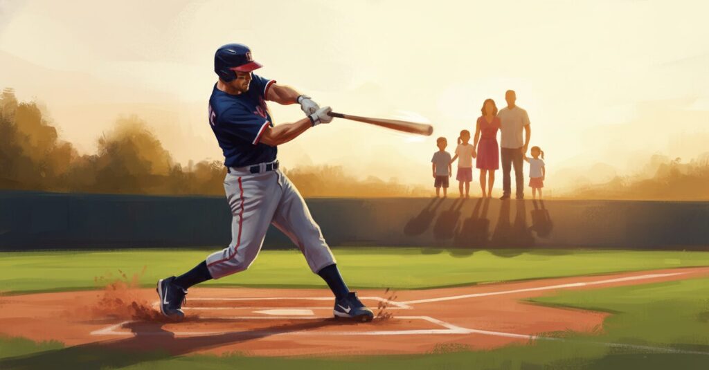 バッターボックスで力強くスイングする水谷瞬選手と、彼を支える家族の温かいシルエット