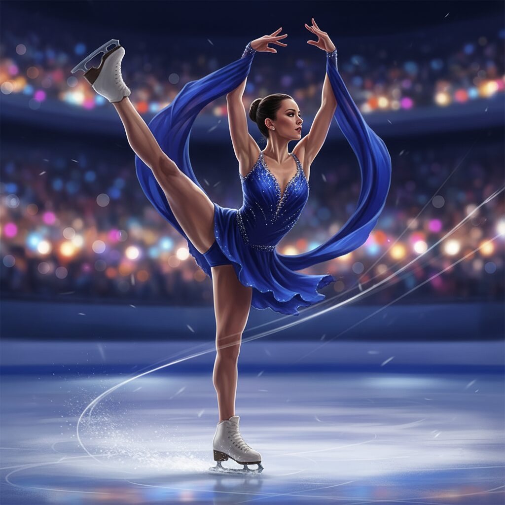 フィギュアスケート選手が氷上で演技する姿のイラスト。選手は決意に満ちた表情で、その個性的な瞳に光が当たっている。